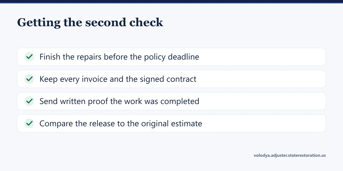 Checklist for collecting the second insurance check: finish the repairs before the policy deadline, keep every invoice and the signed contract, send written proof the work was completed, compare the release to the original estimate