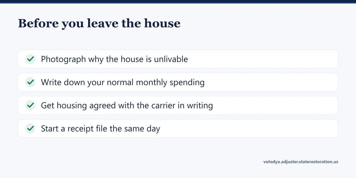 Checklist before leaving a damaged house: photograph why it is unlivable, record normal spending, agree housing in writing, keep receipts