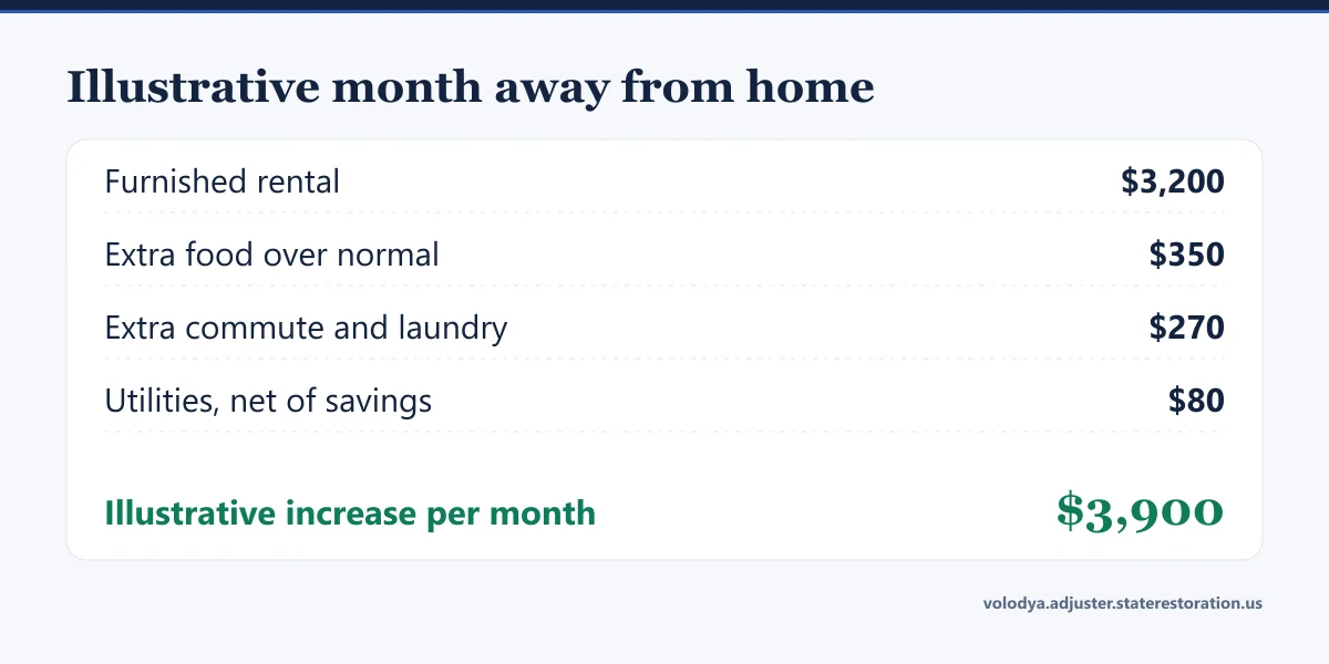 Illustrative worked example: a $3,900 monthly living-expense increase made up of rental, extra food, commute, laundry and net utilities