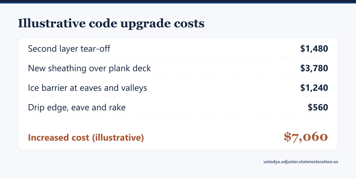 Illustrative code upgrade costs on a re-roof: second layer tear-off, new sheathing, ice barrier and drip edge totalling $7,060