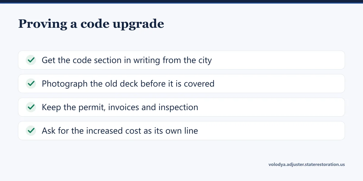 Proving a code upgrade: get the code section in writing, photograph the old deck, keep the permit and invoices, ask for a separate line
