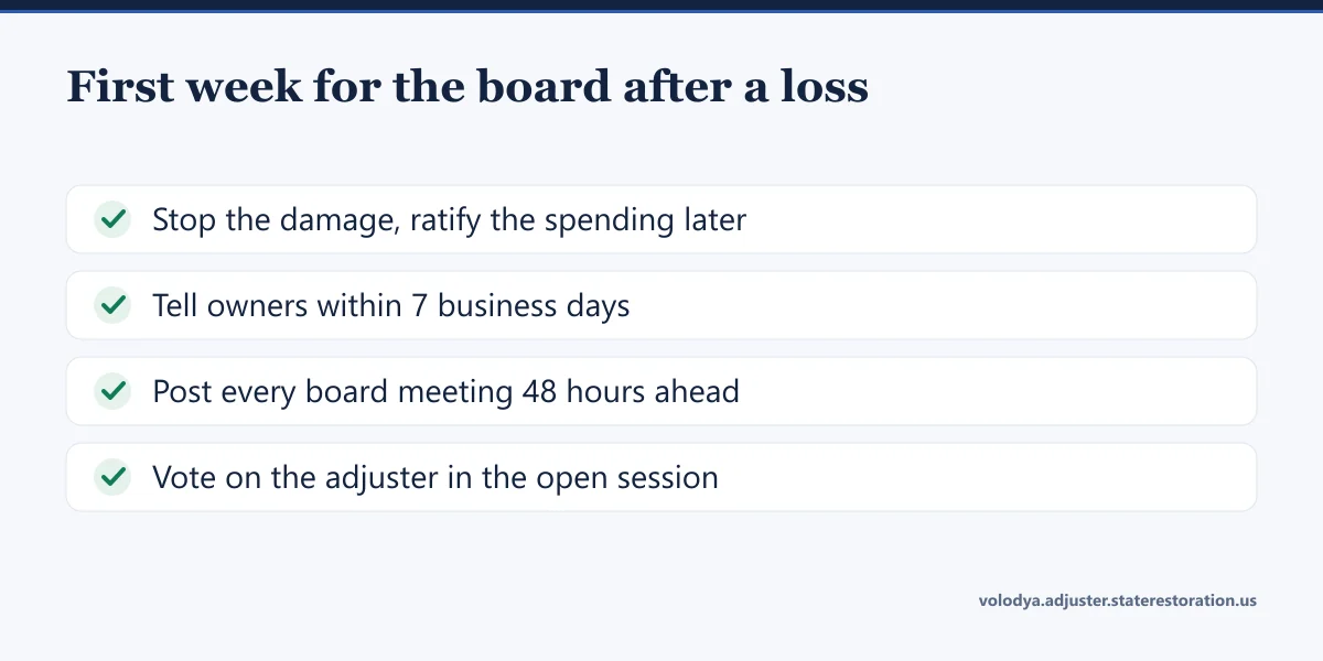 Banner: first week for the board after a loss. Stop the damage and ratify the spending later, tell owners within 7 business days, post every board meeting 48 hours ahead, vote on the adjuster in the open session