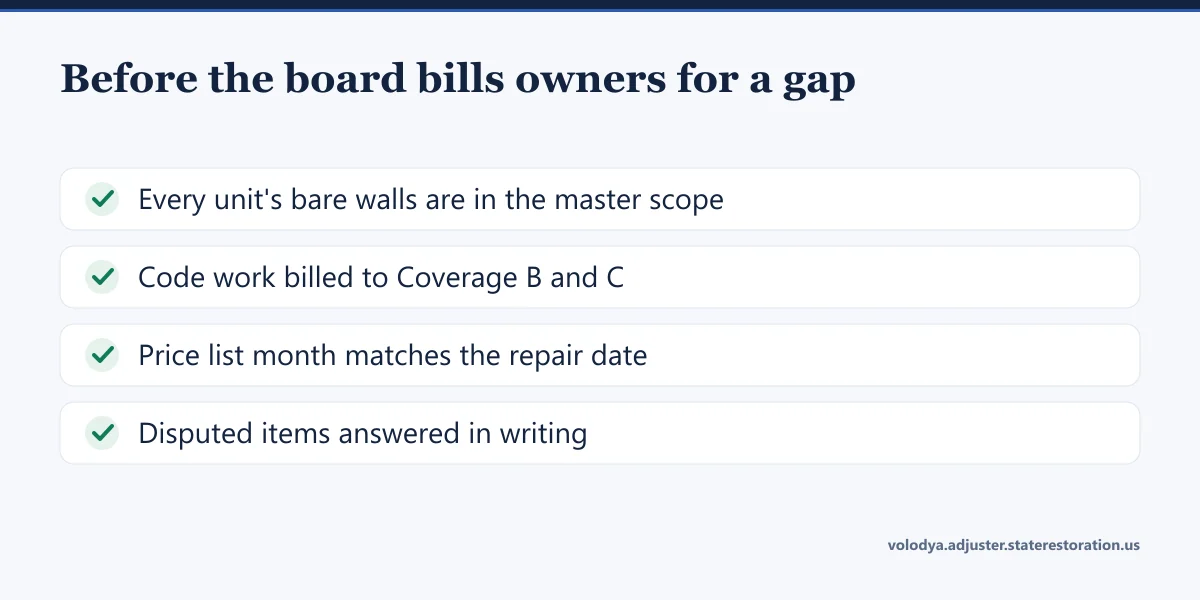 Checklist before the board bills owners for a gap: bare walls in the master scope, code work under Coverage B and C, price list month, disputed items in writing