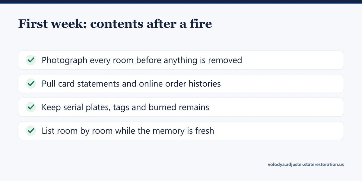 Checklist for the first week after a fire: photograph rooms, pull statements, keep serial plates, list room by room