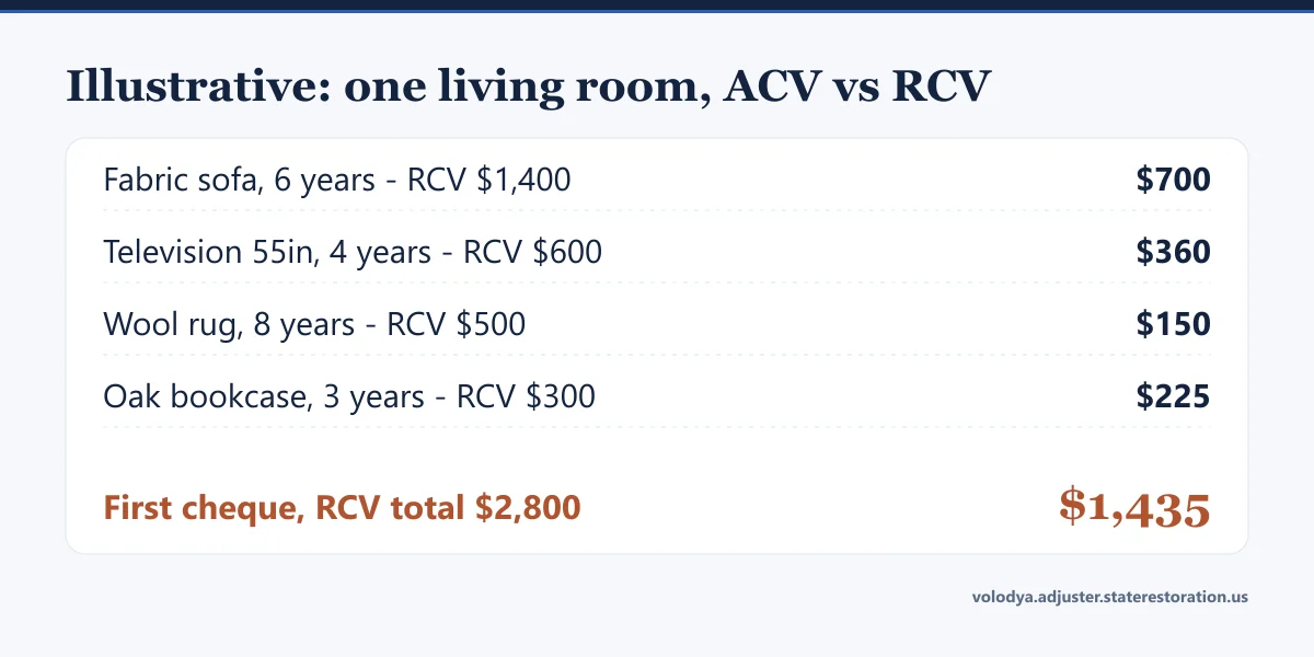 Illustrative worked example: a living room worth $2,800 to replace pays $1,435 as actual cash value on the first cheque