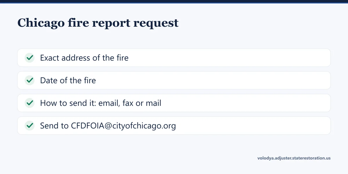 What a Chicago fire report request needs: exact address, date of the fire, how to send it, and the Fire Department FOIA email address