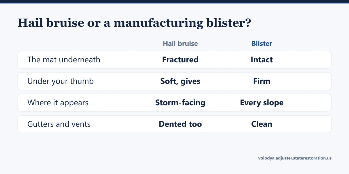Comparison: a hail bruise fractures the shingle mat and gives under a thumb, a blister does not and appears on every slope