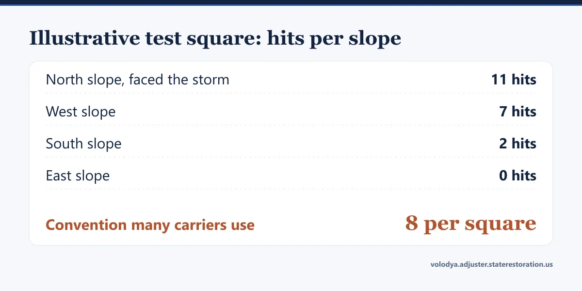 Illustrative test square counts: 11 hits north slope, 7 west, 2 south, 0 east, versus the 8-per-square carrier convention
