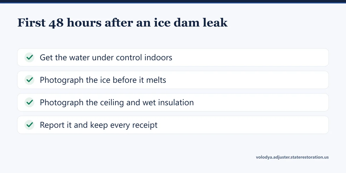 First 48 hours after an ice dam leak: control the water, photograph the ice dated, report it, keep every receipt