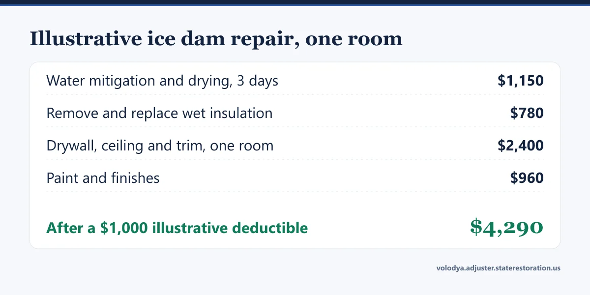 Illustrative ice dam interior repair: mitigation, insulation, drywall and paint totalling $5,290 before a $1,000 deductible