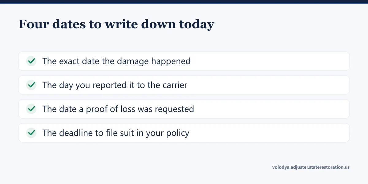Four dates to write down on an Illinois claim: date of loss, date reported, date a proof of loss was requested, and the policy deadline to sue