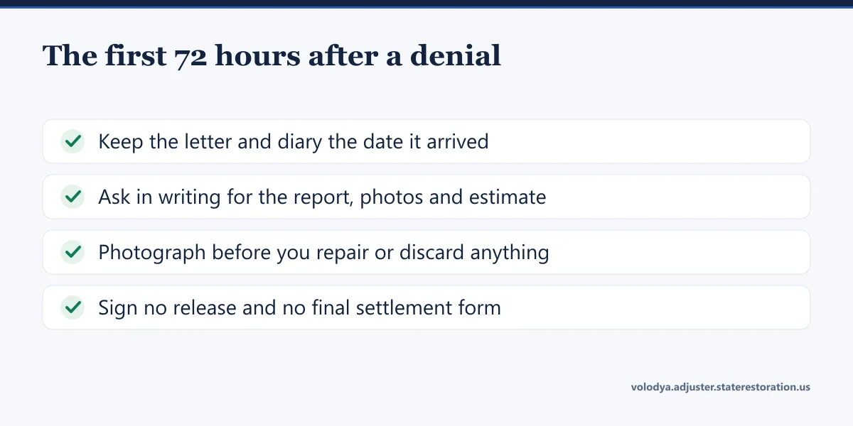 First 72 hours after a claim denial: keep the letter, request the file, photograph everything, sign no release