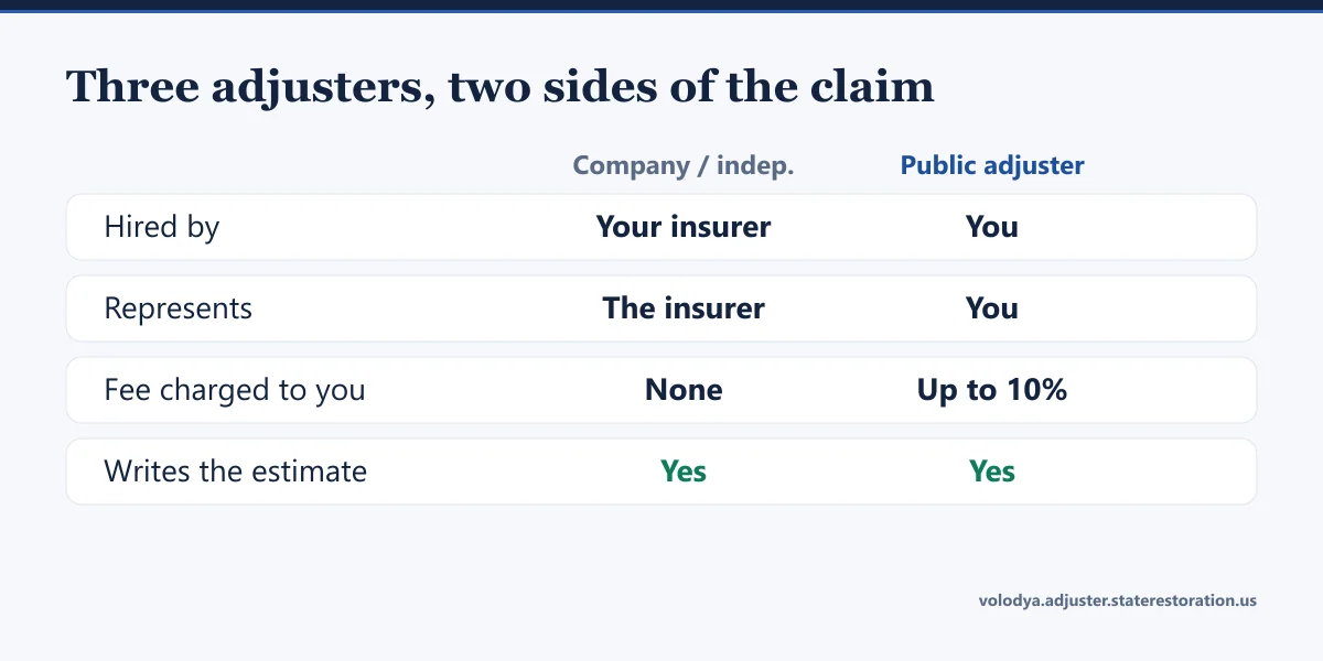 Comparison of the insurer's adjusters and a public adjuster: who hires them, whom they represent, the fee and the estimate
