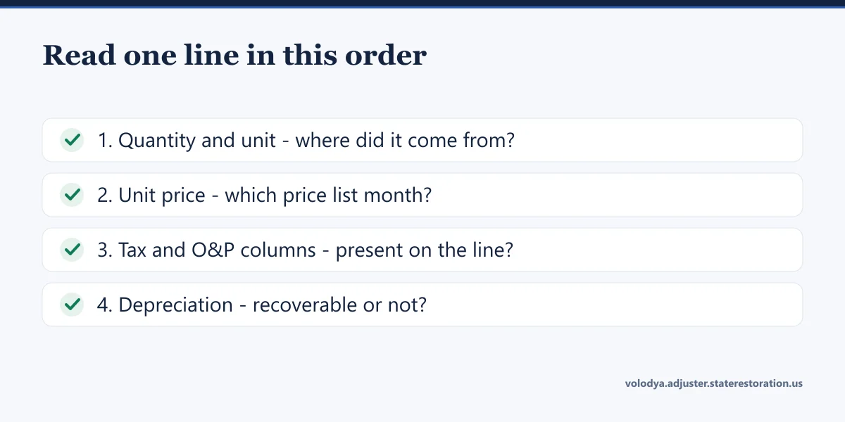 How to read one Xactimate line: quantity and unit, unit price and price list month, tax and O&P columns, then depreciation
