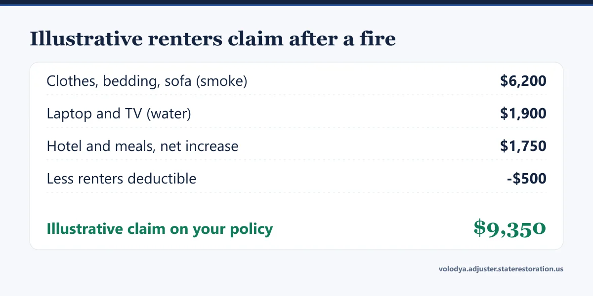 Illustrative renters claim: clothes, bedding and sofa $6,200, laptop and TV $1,900, hotel and meals net $1,750, less $500 deductible, $9,350