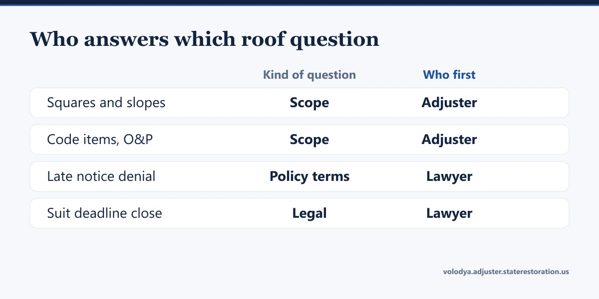 Banner: squares and slopes, code items and O&P are scope questions for an adjuster; late notice denials and suit deadlines go to a lawyer