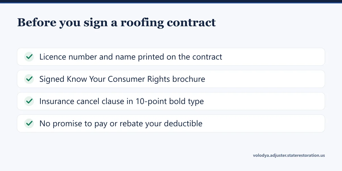 Checklist before you sign a roofing contract: licence number and name printed on the contract, signed Know Your Consumer Rights brochure, insurance cancel clause in 10-point bold type, no promise to pay or rebate your deductible