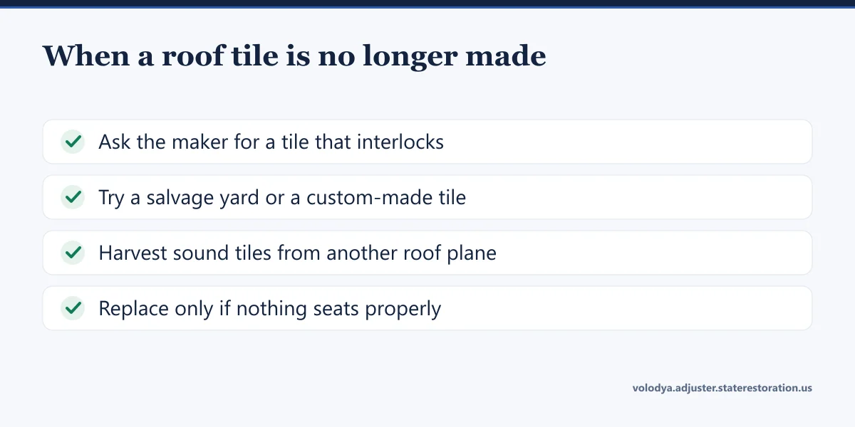 Checklist of four routes when a roof tile is discontinued: ask the manufacturer, salvage or custom tile, harvest from another slope, replacement if nothing interlocks