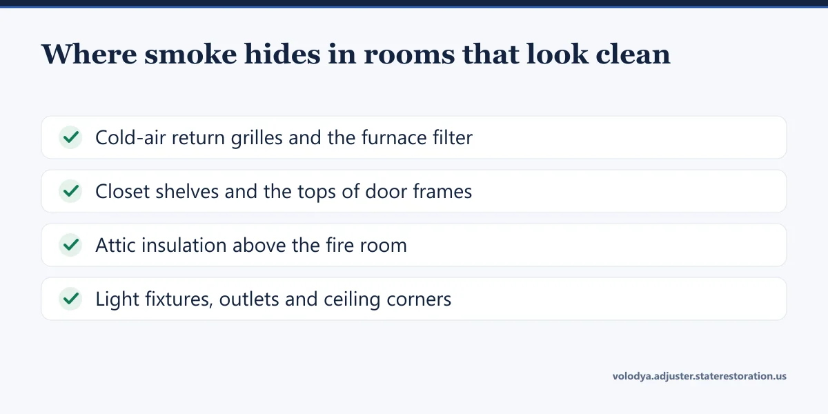 Checklist of four places smoke residue hides: return grilles and furnace filter, closet shelves and door frames, attic insulation, light fixtures and ceiling corners
