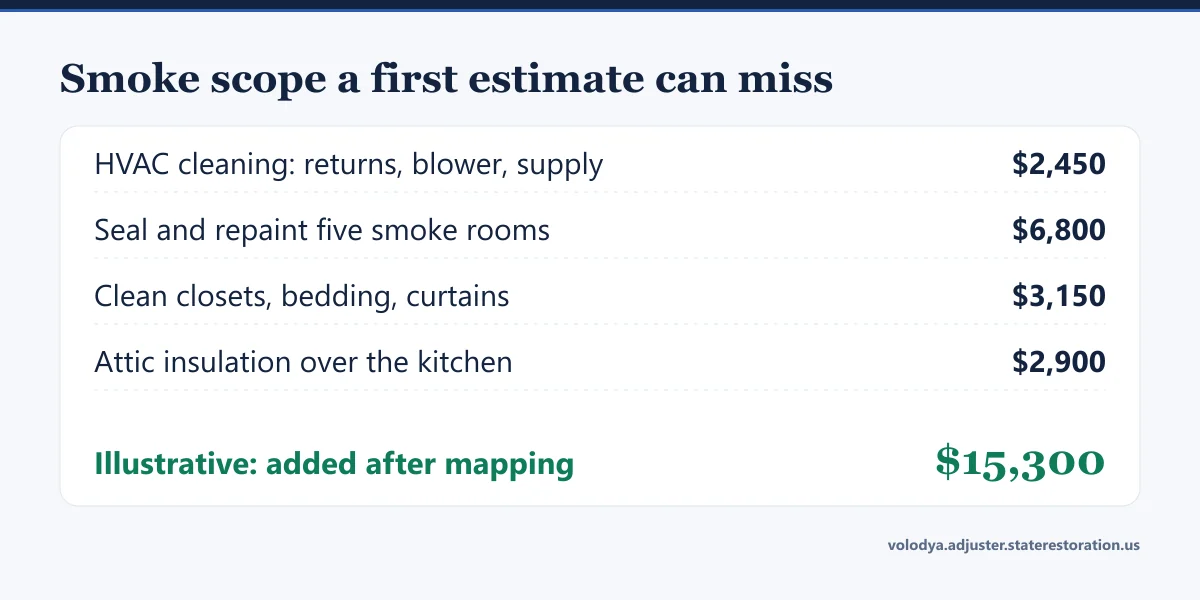 Illustrative receipt of smoke scope missing from a first estimate: HVAC cleaning 2,450 dollars, seal and repaint five rooms 6,800, clean closets and bedding 3,150, attic insulation 2,900, total 15,300