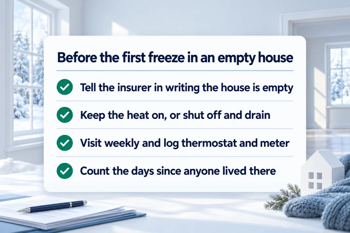 Banner: before the first freeze in an empty house. Tell the insurer in writing the house is empty, keep the heat on or shut off and drain, visit weekly and log thermostat and meter, count the days since anyone lived there
