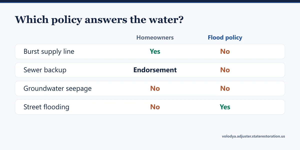 Which policy answers the water: burst supply line, sewer backup, groundwater seepage and street flooding compared across homeowners and flood cover