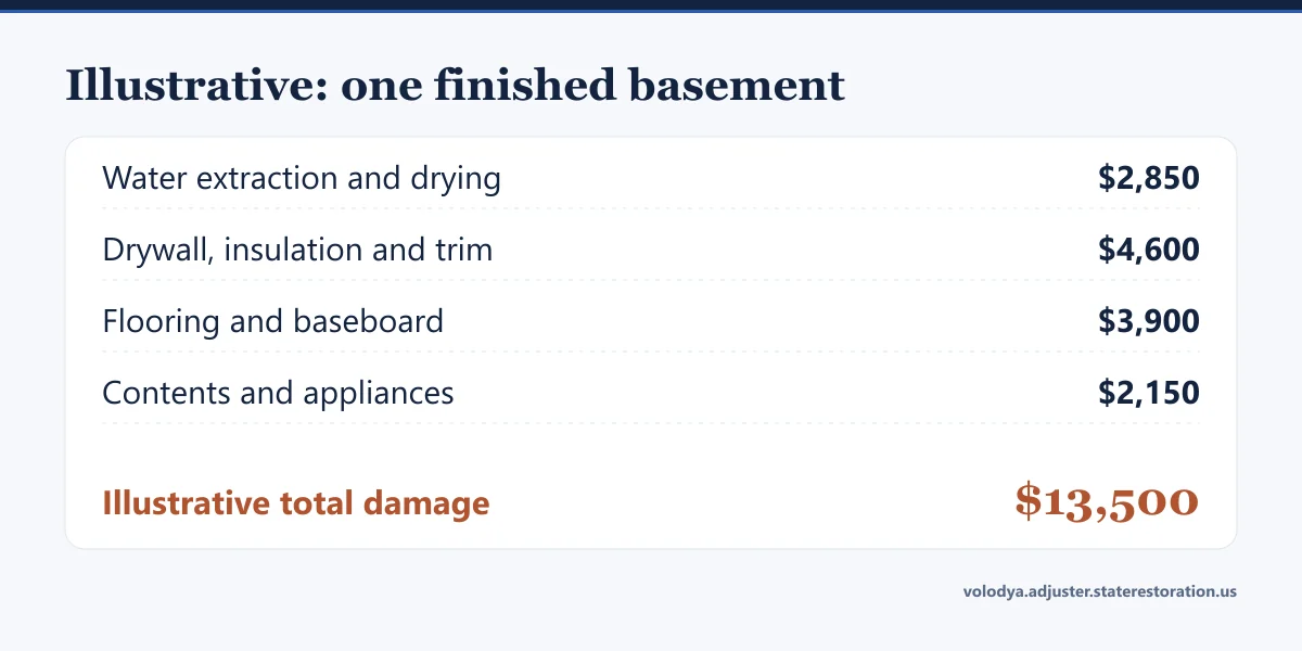 Illustrative worked example: a finished basement water loss totalling $13,500 across extraction, drywall, flooring and contents