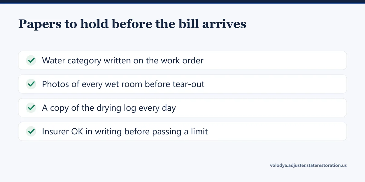 Papers to hold before the bill arrives: water category on the work order, photos of every wet room before tear-out, a copy of the drying log every day, insurer approval in writing before passing a limit