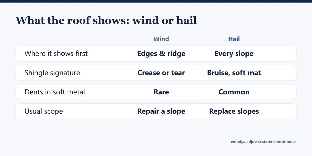 Wind shows at the edges and ridge as a crease or tear; hail shows on every slope as a bruise with a soft mat
